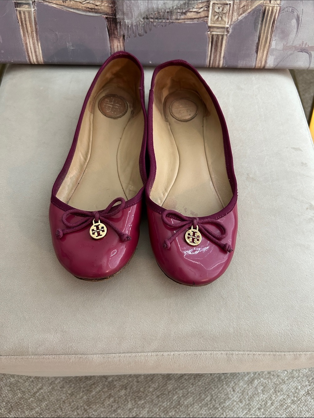 Tory Burch Fuschia Patent Leather Ballet Flats with Gold Logo